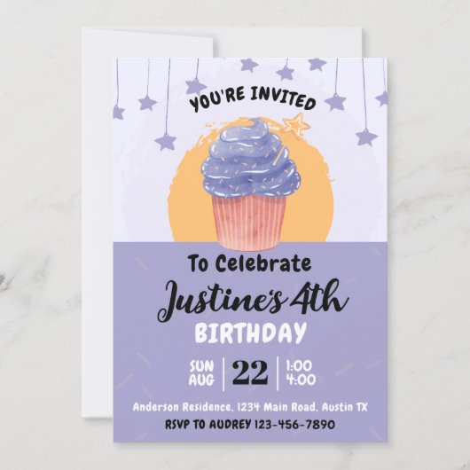 かわいいカップケーキ誕生日パーティー 招待状 (正面)
