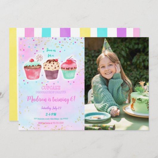 かわいいカップケーキ誕生日写真招待状 招待状 (正面/裏面)