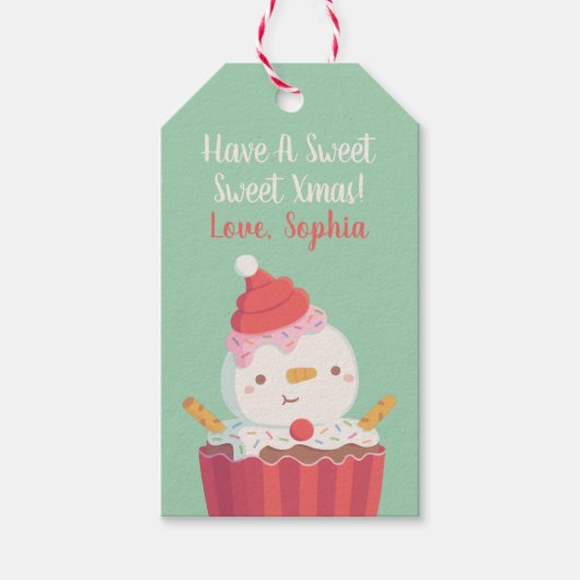 かわいいカップケーキ雪だるま、スイートクリスマス ギフトタグ (正面)