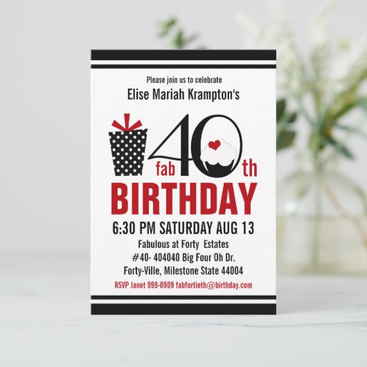 かわいいカップケーキ黒いおよび赤の第40誕生日 招待状 (スタンド正面)