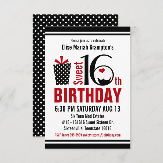 かわいいカップケーキ黒と赤の甘い16誕生日 招待状 (正面/裏面)