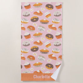 かわいいカップケーキ、パイやドーナツ、ピンクに名前を付けた ビーチタオル