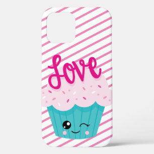 かわいいカップケーキ ラブ ピンク ティール ストライプ かわいい女の子 iPhone 12ケース