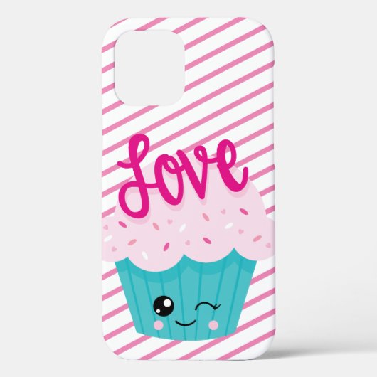 かわいいカップケーキ ラブ ピンク ティール ストライプ かわいい女の子 Case-Mate iPhoneケース (裏面)