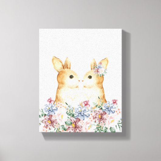かわいいカップルうさぎ花森の保育園の装飾 キャンバスプリント (正面)