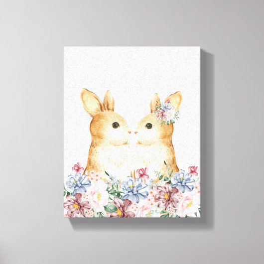 かわいいカップルうさぎ花森の保育園の装飾 キャンバスプリント (正面)