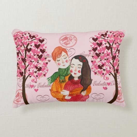 かわいいカップルとハートの木でバレンタイン枕 アクセントクッション (正面)