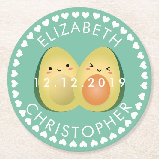 かわいいカップルのアボカドで結婚式を避けよう ラウンドペーパーコースター (正面)