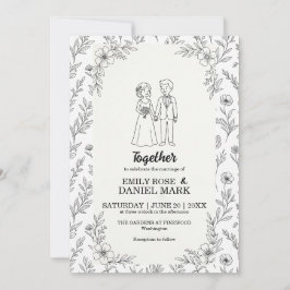 かわいいカップルのイラスト モダンフラワーの結婚式 招待状