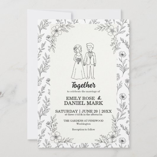 かわいいカップルのイラスト モダンフラワーの結婚式 招待状 (正面)