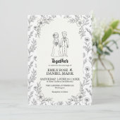 かわいいカップルのイラスト モダンフラワーの結婚式 招待状 (スタンド正面)