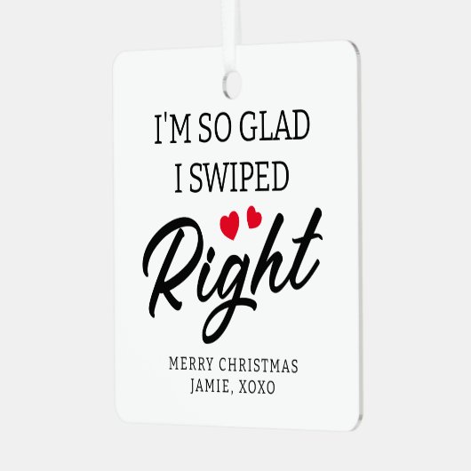 かわいいカップルの右にスワイプ メタルオーナメント (正面左)