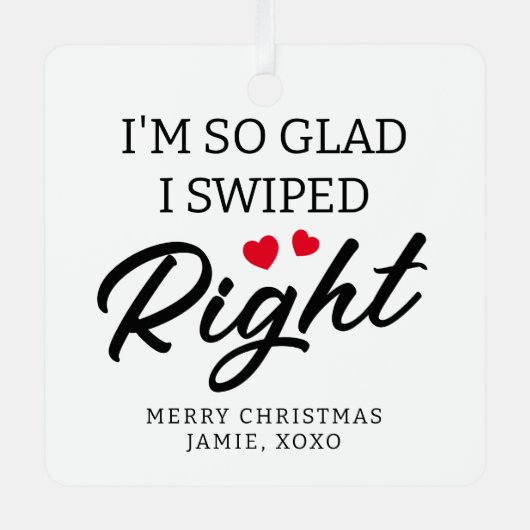 かわいいカップルの右にスワイプ メタルオーナメント (正面)