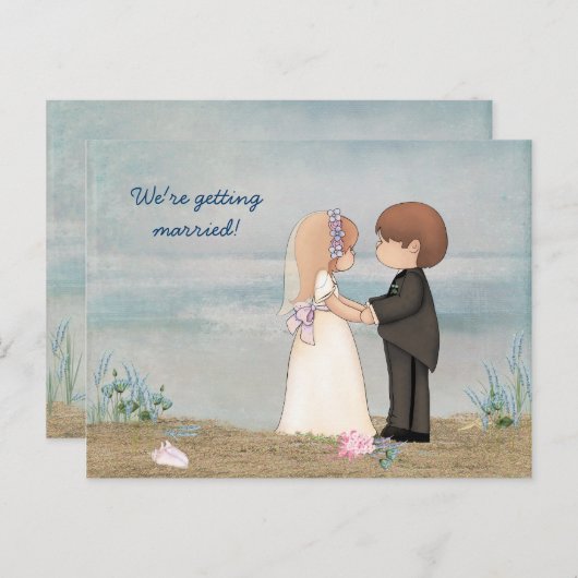 かわいいカップルの日付をビーチに保存 案内ポストカード (正面/裏面)