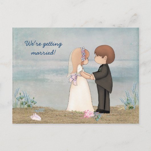 かわいいカップルの日付をビーチに保存 案内ポストカード (正面)