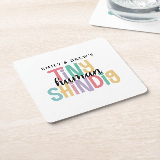 かわいいカップルの赤ちゃんシャワー、小さな人間しんちゃん スクエアペーパーコースター (アングル)