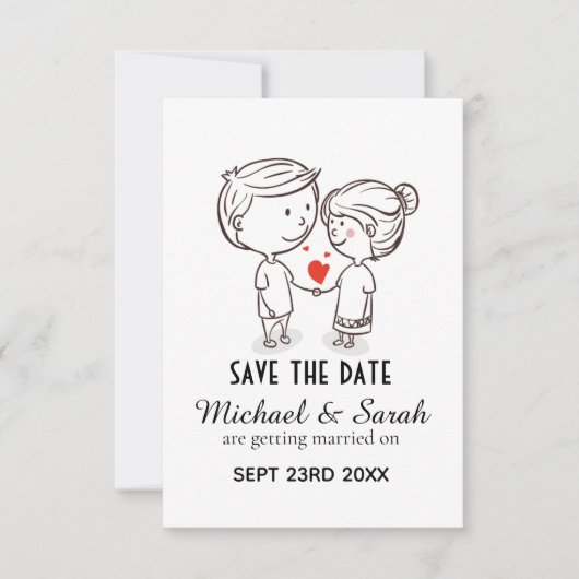 かわいいカップルイラストの結婚式招待状「Save the Date」 セーブザデート (正面)