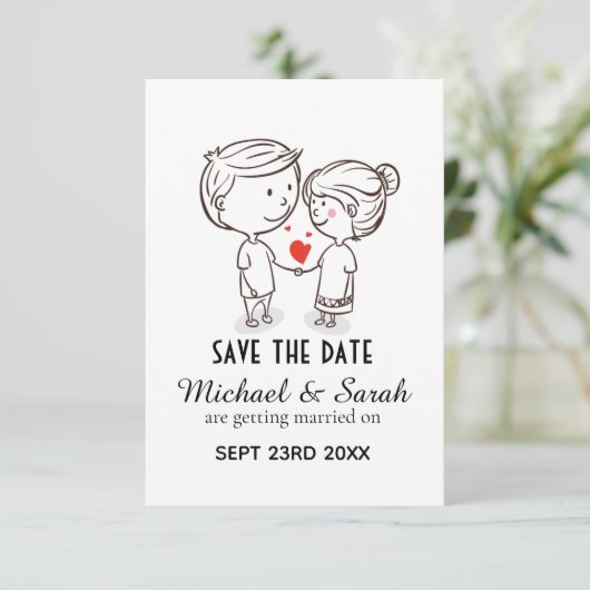 かわいいカップルイラストの結婚式招待状「Save the Date」 セーブザデート (スタンド正面)