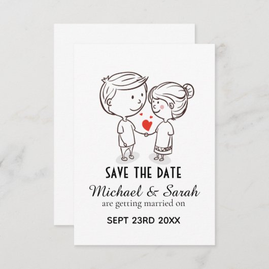 かわいいカップルイラストの結婚式招待状「Save the Date」 セーブザデート (正面/裏面)