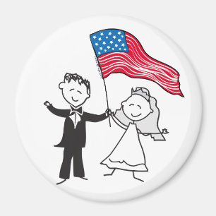 かわいいカップルイラストレーションとアメリカ国旗 マグネット