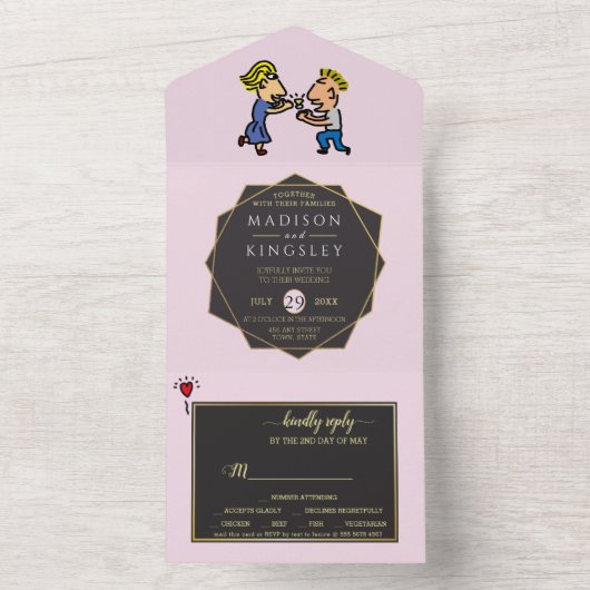 かわいいカップルオリジナルおもしろい漫画 オールインワン招待状 (内側)