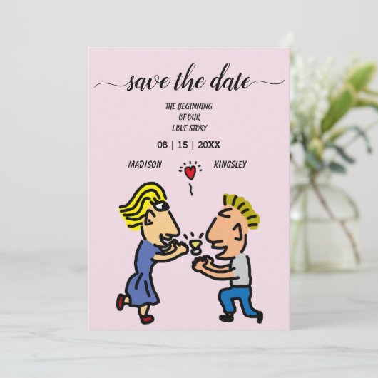 かわいいカップルカラフルオリジナル漫画アートワークカード 招待状 (スタンド正面)