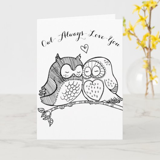 かわいいカップルフクロウはいつもあなたを愛している カード (黄色い花)