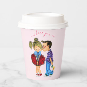 かわいいカップル紙カップと文字- I Love You 紙コップ