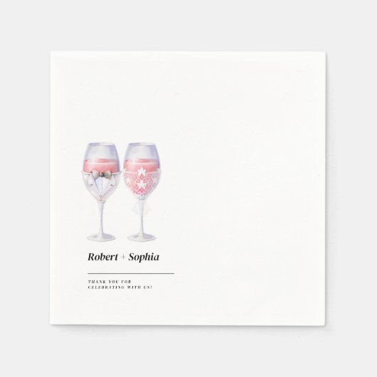 かわいいカップル結婚のワイングラス白ミニマリスト スタンダードカクテルナプキン (正面)