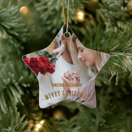 かわいいカップル豪華なフォトゴールデンブラウン文字 セラミックオーナメント (ツリー)