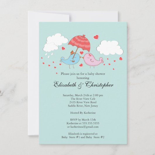 かわいいカップル ラブバード ベビーシャワー 招待状 (正面)