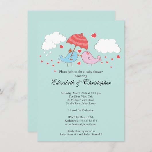 かわいいカップル、鳥の赤ちゃんシャワーが大好き 招待状 (正面/裏面)