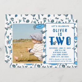 かわいいカニの動物シェルボーイ写真第2誕生日 招待状