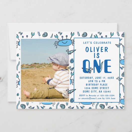 かわいいカニの動物シェルボーイ写真1歳の誕生日 招待状 (正面)