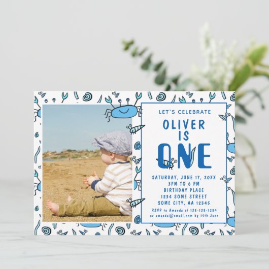 かわいいカニの動物シェルボーイ写真1歳の誕生日 招待状 (スタンド正面)