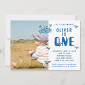 かわいいカニの動物シェルボーイ写真1歳の誕生日 招待状 (正面)