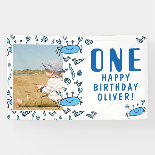 かわいいカニの動物シェルボーイ写真1歳の誕生日 横断幕 (横)