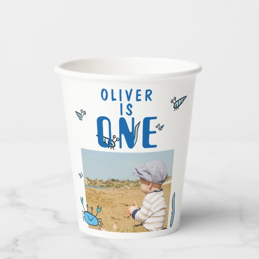 かわいいカニの動物シェルボーイ写真1歳の誕生日 紙コップ (正面)