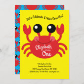 かわいいカニビーチキッズ1歳の誕生日パーティー 招待状 (正面/裏面)