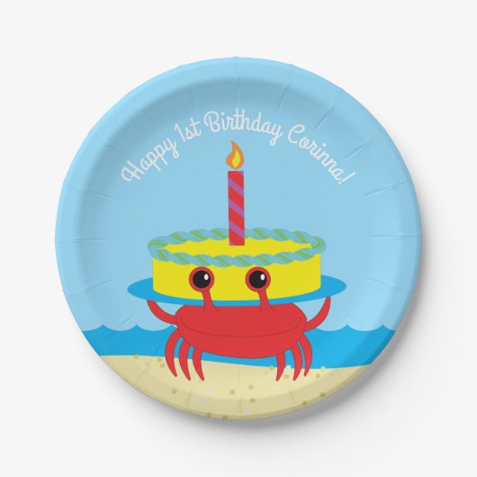 かわいいカニ ビーチ 1歳の誕生日パーティー ペーパープレート (正面)