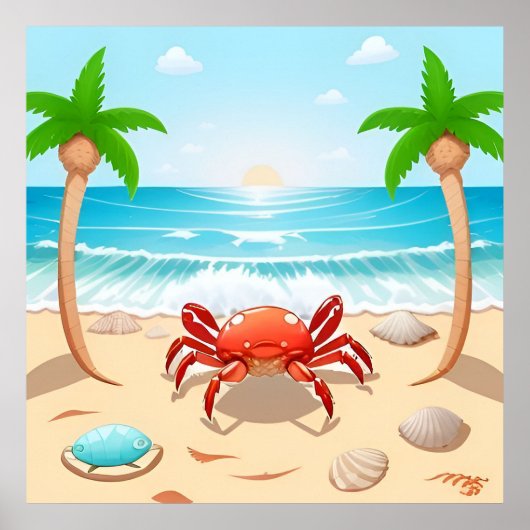 かわいいカニ、ヤシの木、貝殻🦀 ポスター (正面)