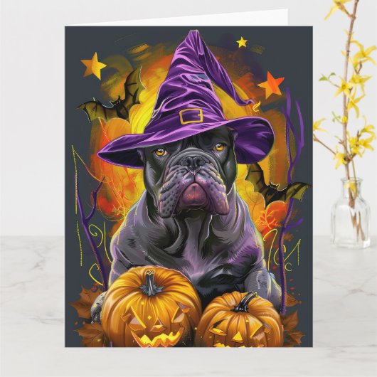 かわいいカネコルソ犬のハロウィン・ウィッチとパンプキン カード (黄色い花)