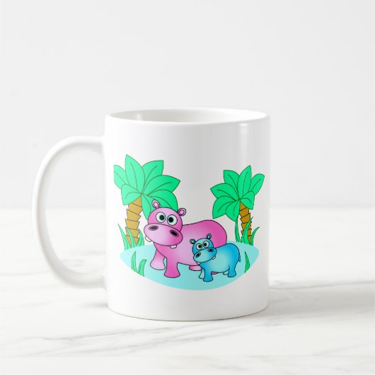 かわいいカバお母さんおよびベビーの水泳 コーヒーマグカップ (左)