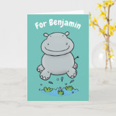 かわいいカバのジャンピングアニメ 誕生日おめでとう カード (黄色い花)