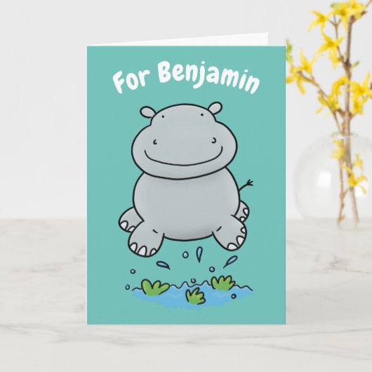 かわいいカバのジャンピングアニメ 誕生日プレゼント カード (黄色い花)