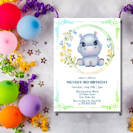 かわいいカバの花輪 3歳の誕生日 招待状