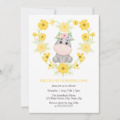 かわいいカバの黄色い花のハート 1歳の誕生日 招待状 (正面)