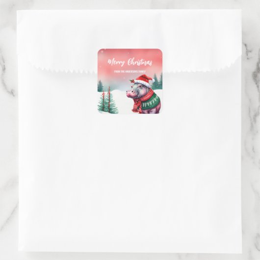 かわいいカバ動物動物園サンタクリスマスパーティーの子供 スクエアシール (バッグ)