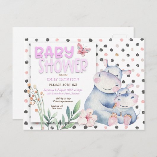 かわいいカバ水玉模様ピンク赤ちゃんシャワー インビテーションポストカード (正面/裏面)