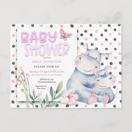 かわいいカバ水玉模様ピンク赤ちゃんシャワー インビテーションポストカード (正面)